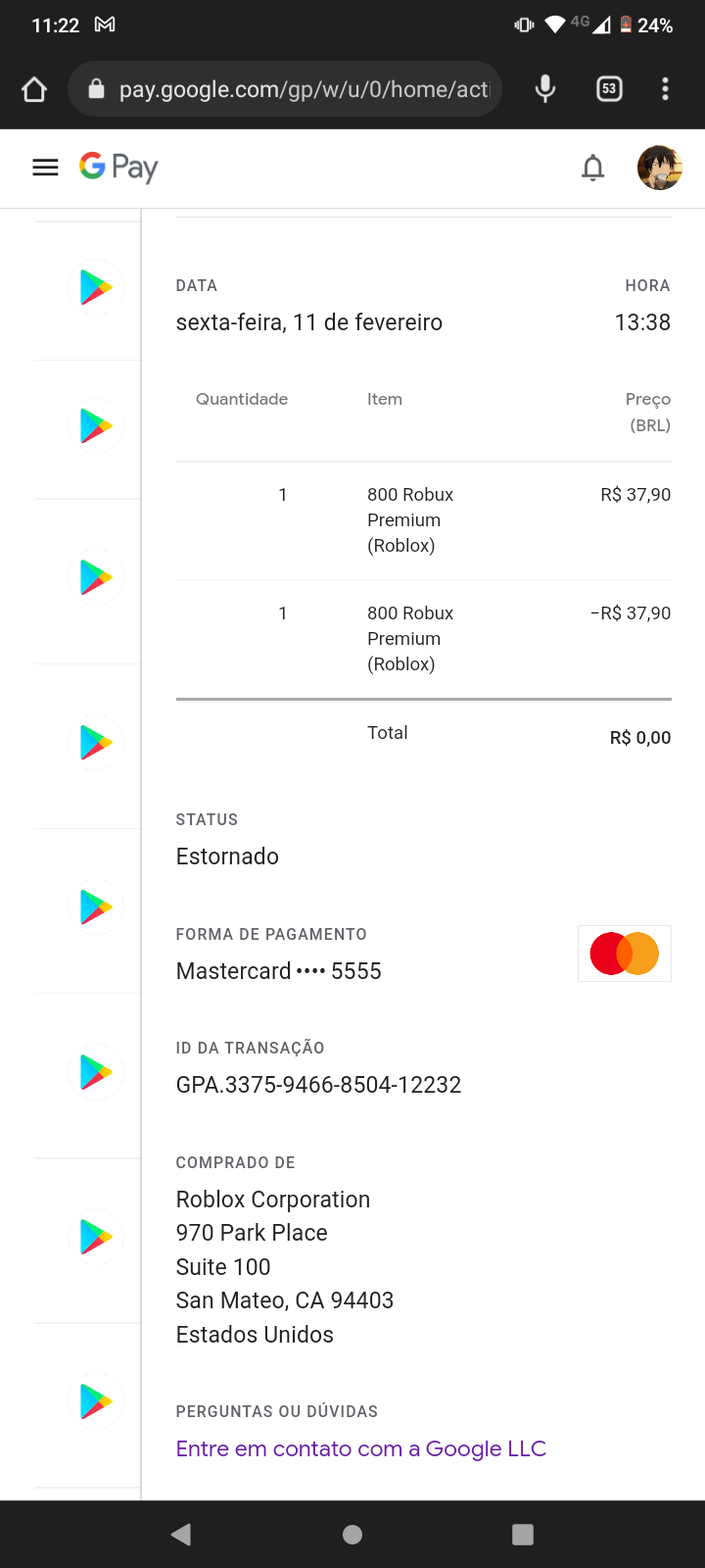 Comprar robux não aparece opção de pagamento,só mensagem compra não  realizada ,tenho saldo no play s - Comunidade Google Play