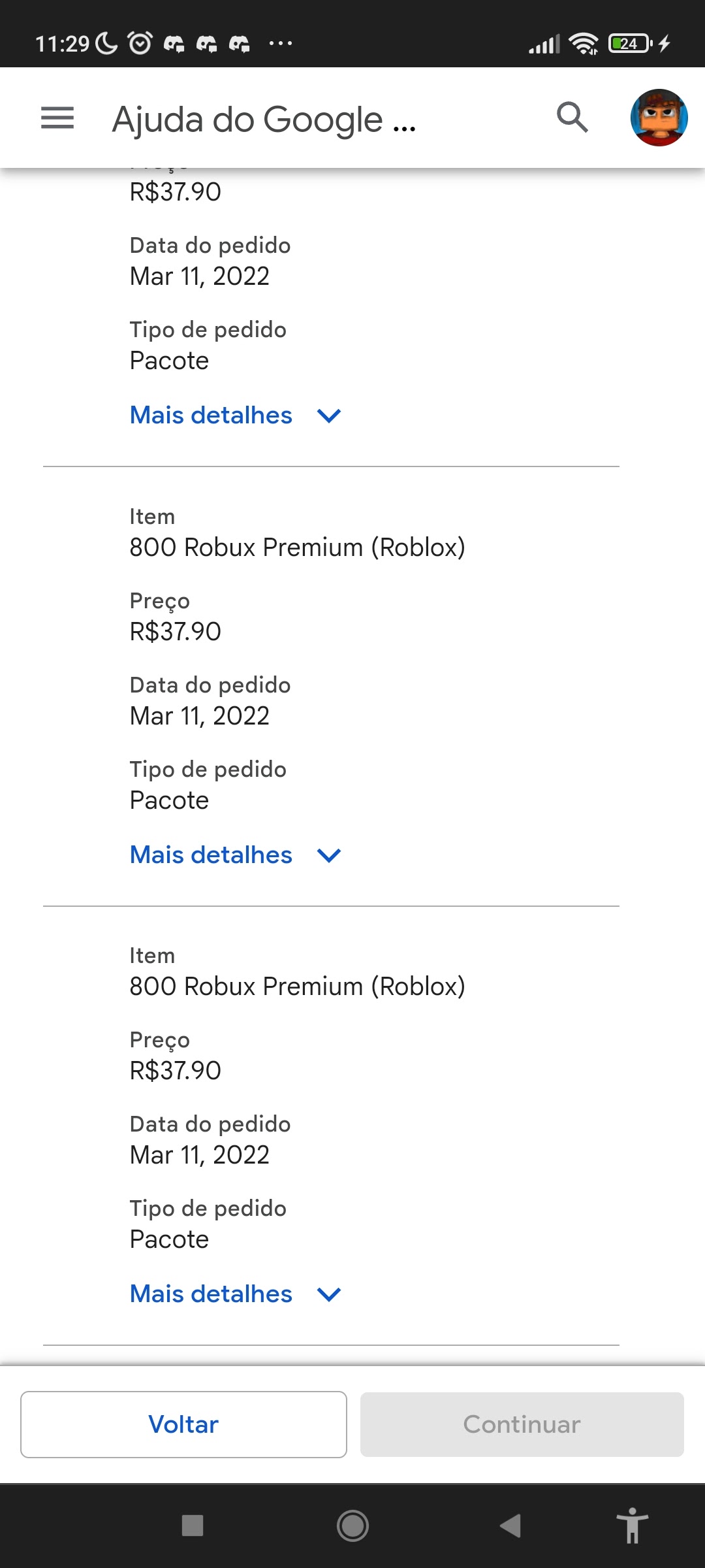 Da erro ao comprar robux. - Comunidade Google Play