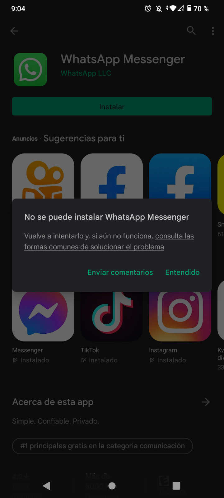 Play story no me deja descargar whatsapp ya hice todas las