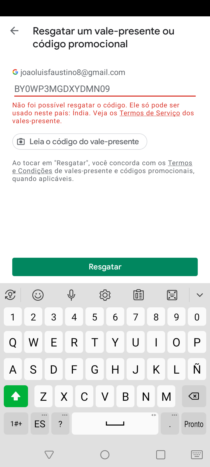 Não foi possível resgatar ó código. Ele só poder ser usado neste país:  Brasil. - Comunidade Google Play