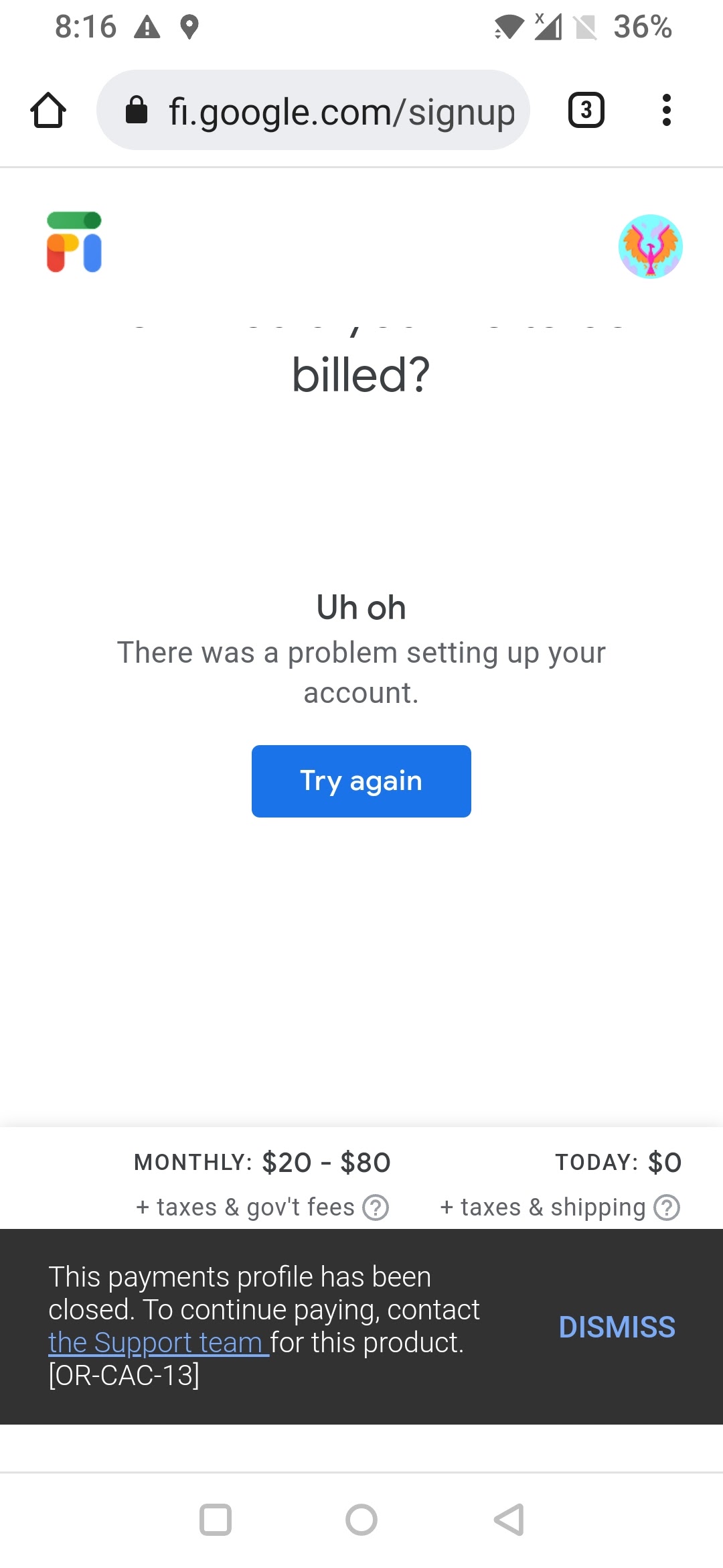 Activation failing due to payment profile Google Fi Wireless