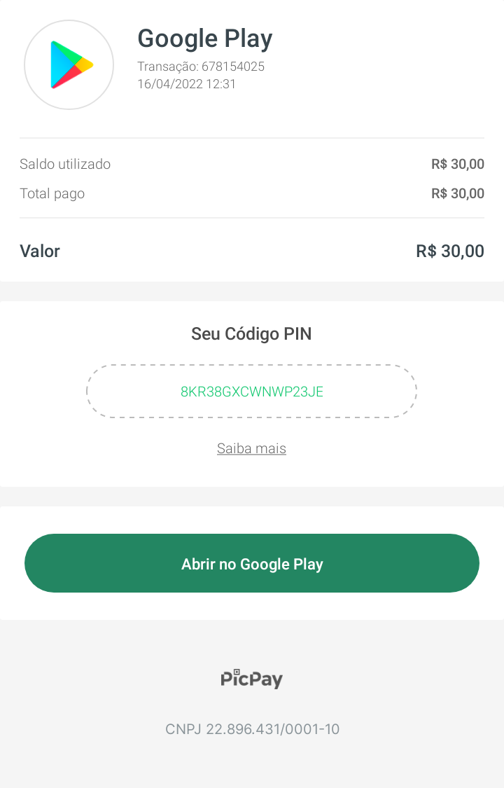 Não consigo ativar meu gift card, COMPREI PELO PICPAY - Comunidade Google  Play