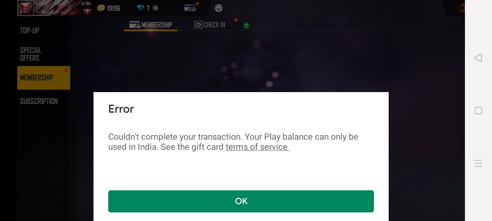 your transaction cannot be completed google play gift card