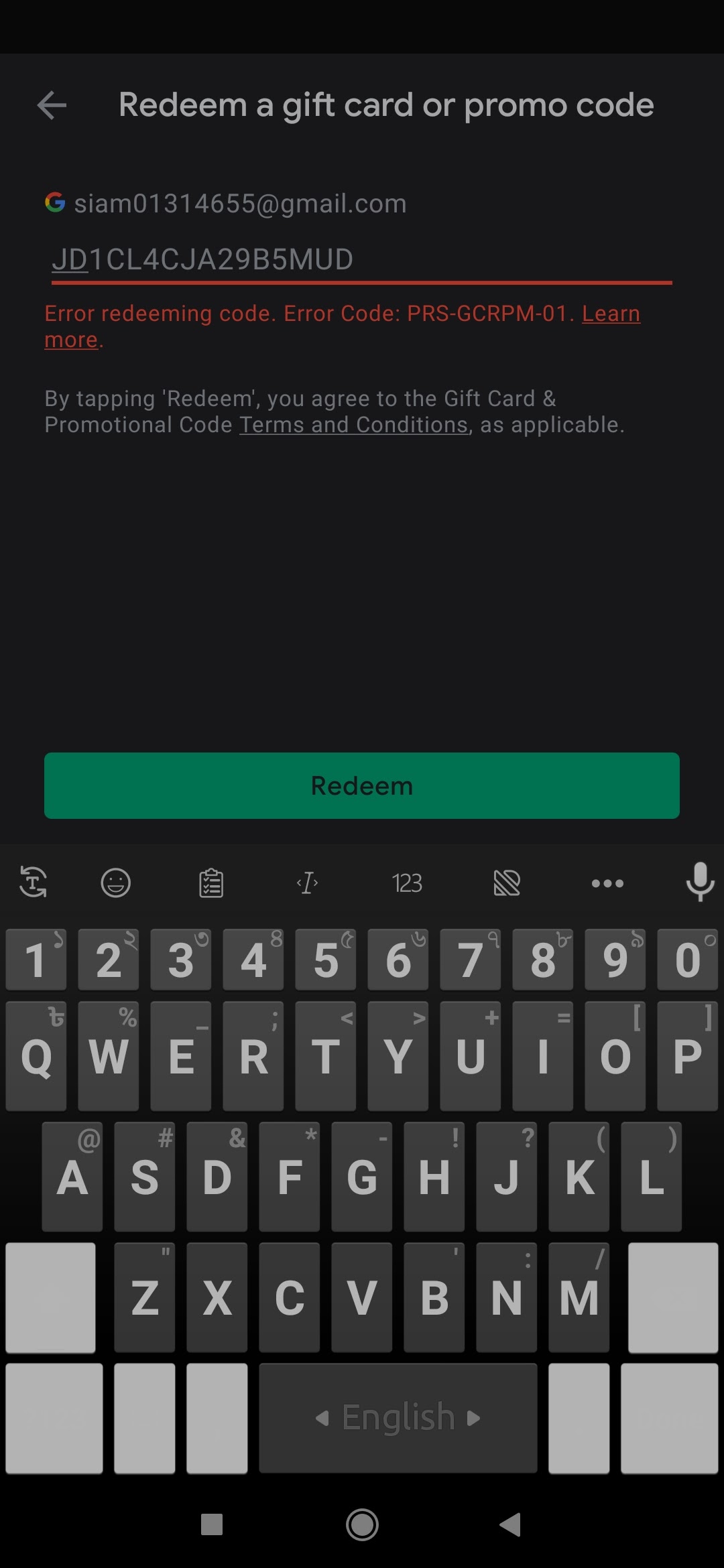 Error redeeming code. Error Code: PRS-GCRPM-01. - Google Play Community