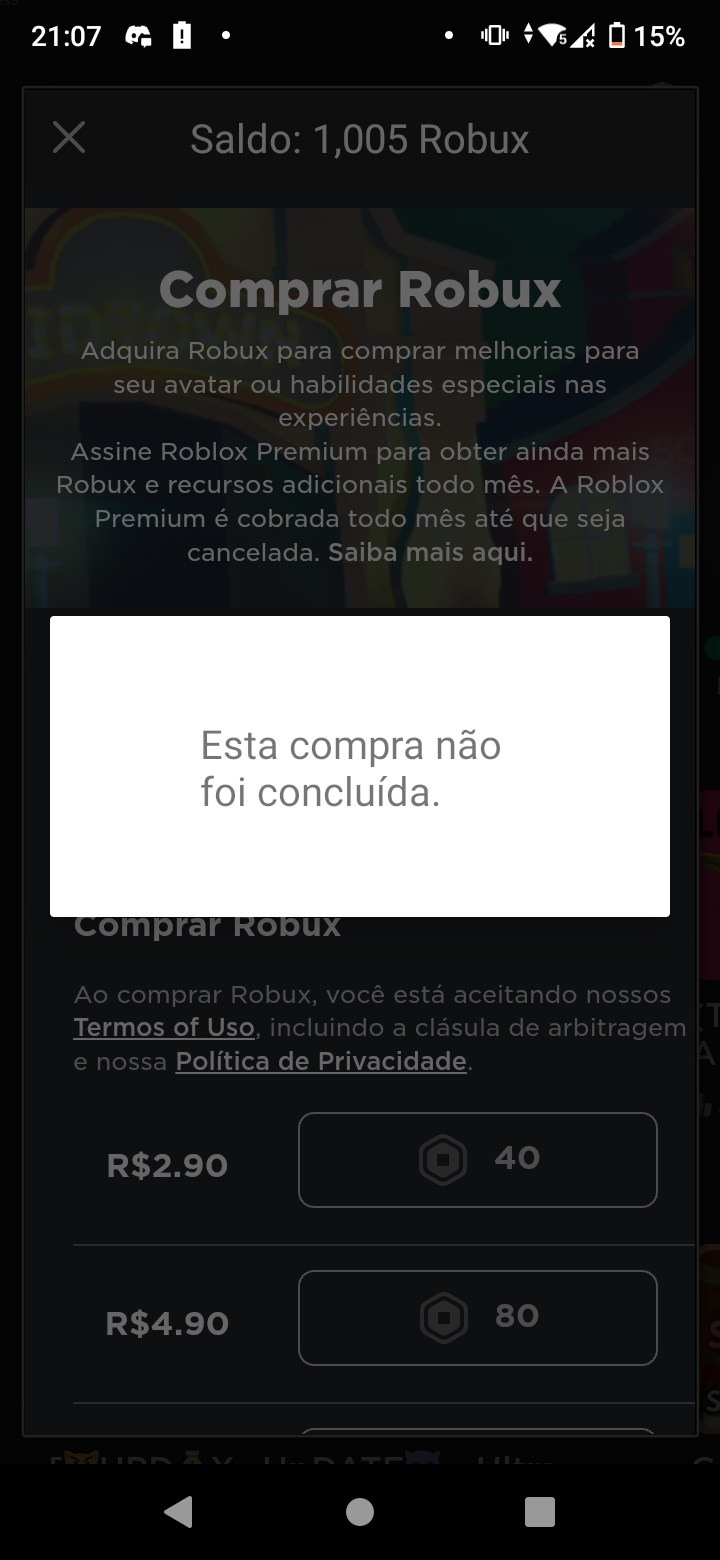 Tento comprar robux, e da erro. - Comunidade Google Play