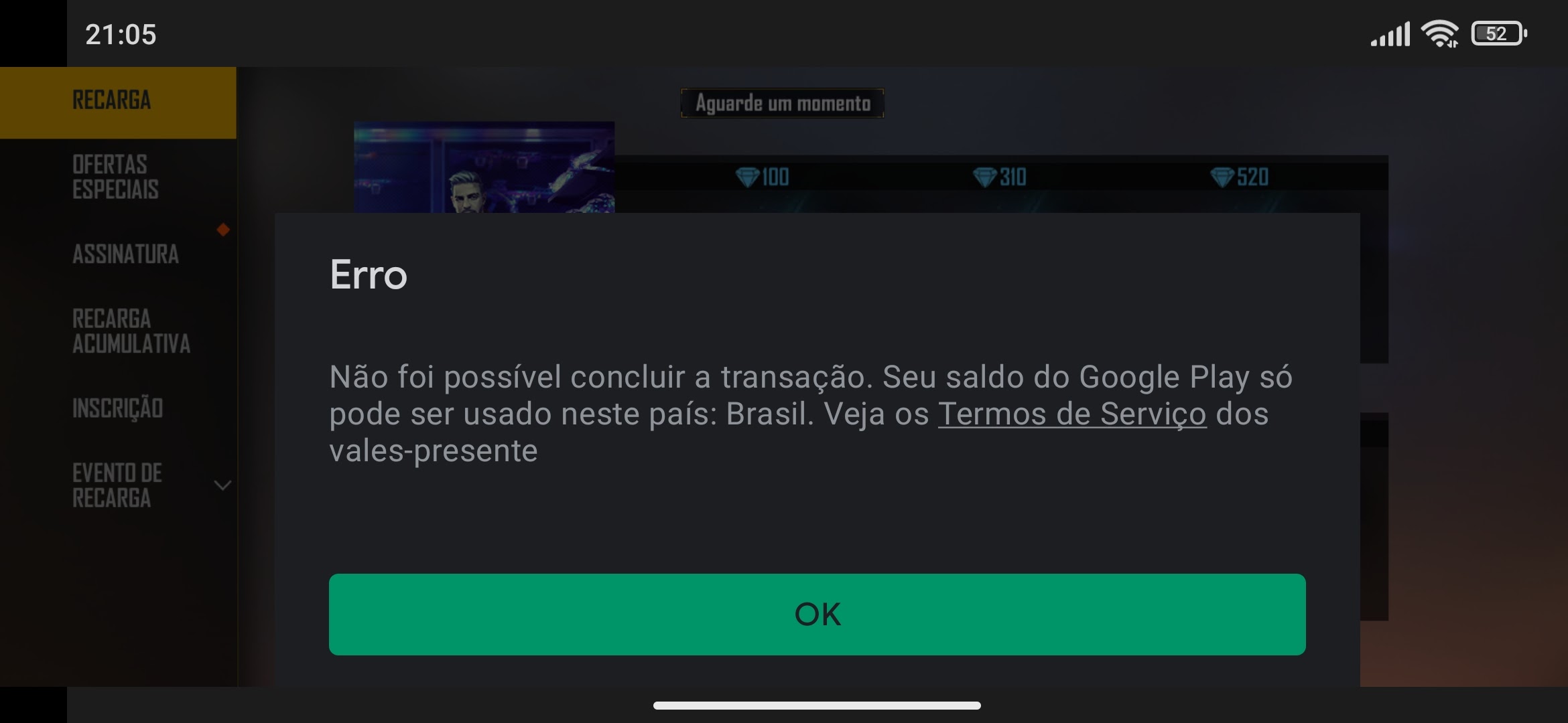 Como solucionar erro na Central de Recarga Free Fire dos diamantes