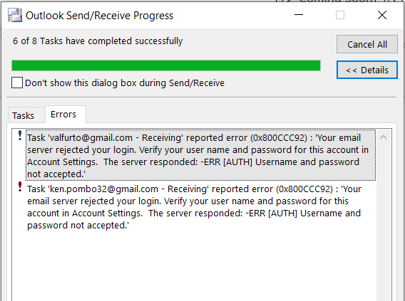 Outlook POP gmail server now rejecting nothing has changed did this last week but cleared - Gmail Community