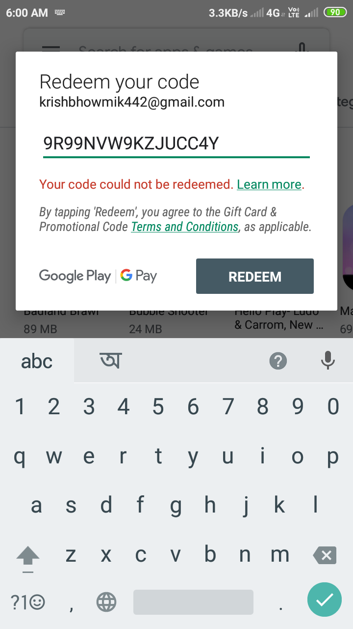 Redeem code not redeem - Google Play Community