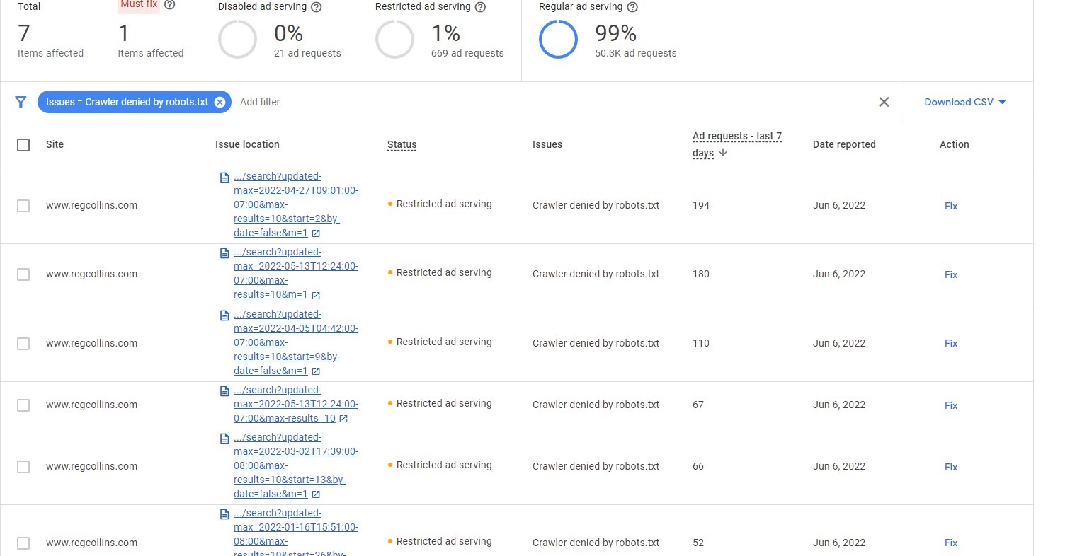 Why I keep getting "Restricted ad serving Crawler denied by robots.txt" in AdSense Account - Google Community