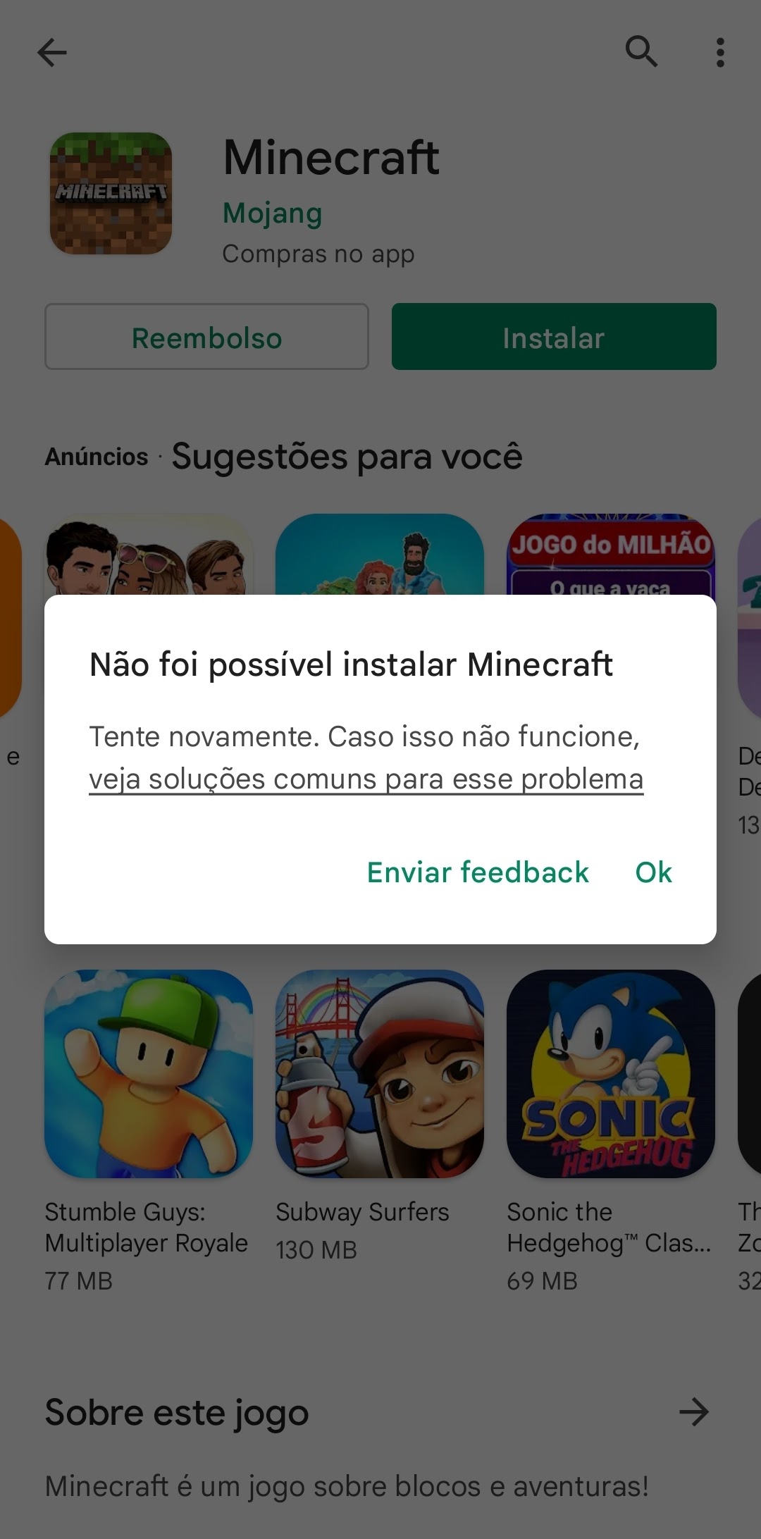 Não consigo baixar minecraft no meu celular - Comunidade Google Play