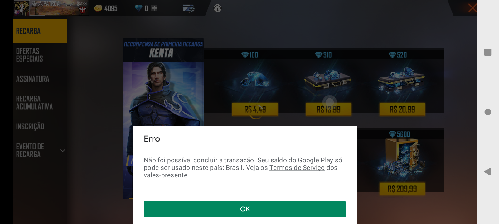 erro na compra diamante no ff - Comunidade Google Play