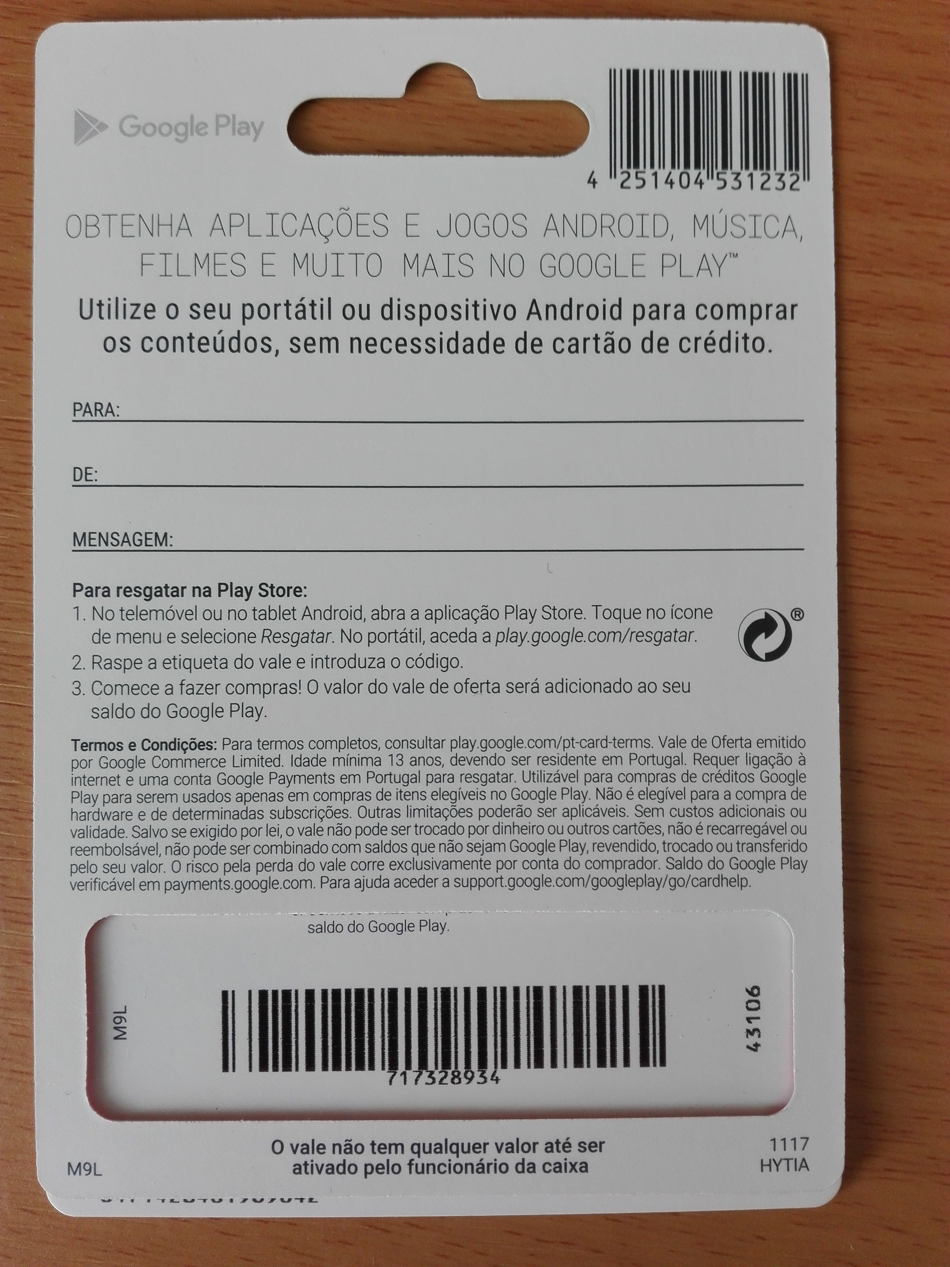 Comprei cartão de 15€ na Worten em Castelo Branco, ao resgatar o código dá  invalido ou errado. - Comunidade Google Play