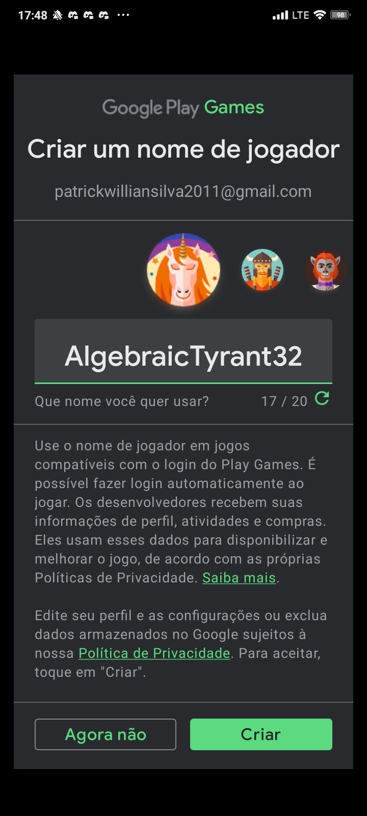 Não é possível fazer login em jogos pelo Google play games para