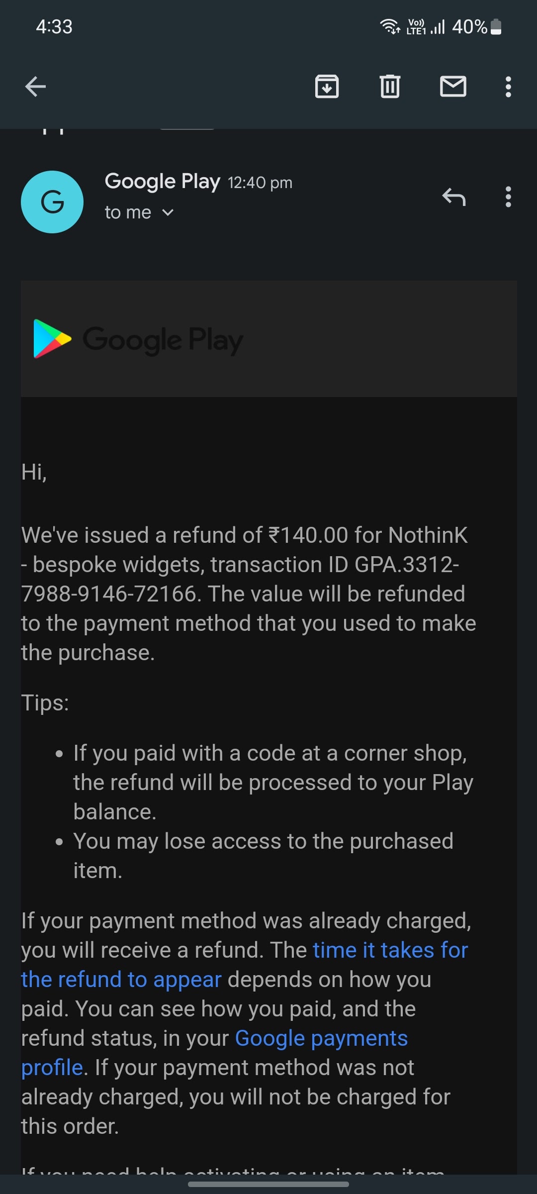 Non-refundable payment - Google Play Community