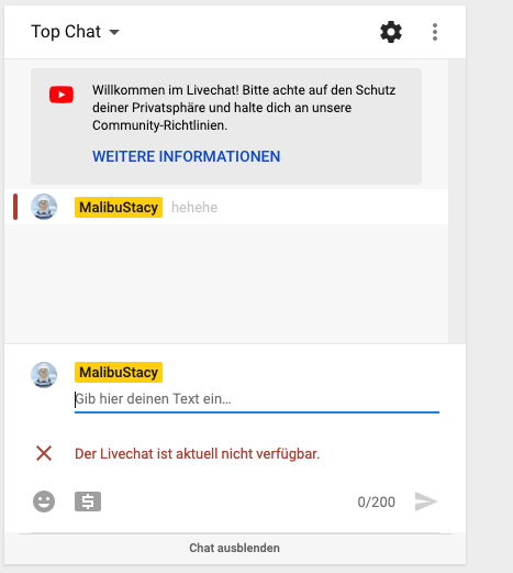 Youtube live chat nachricht wurde nicht gepostet