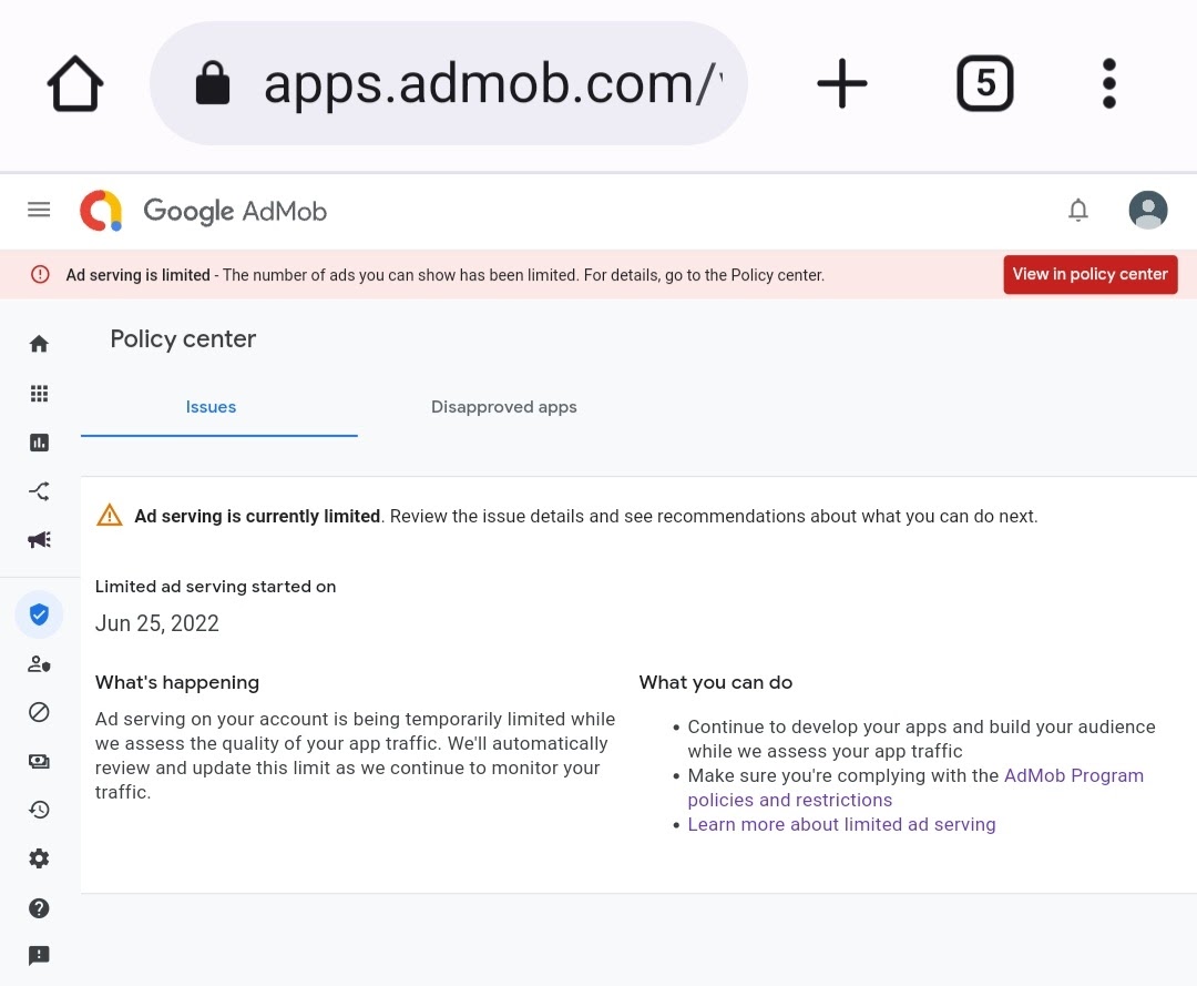 All apps are ready to serve ads, but AdMob still limiting the ads
