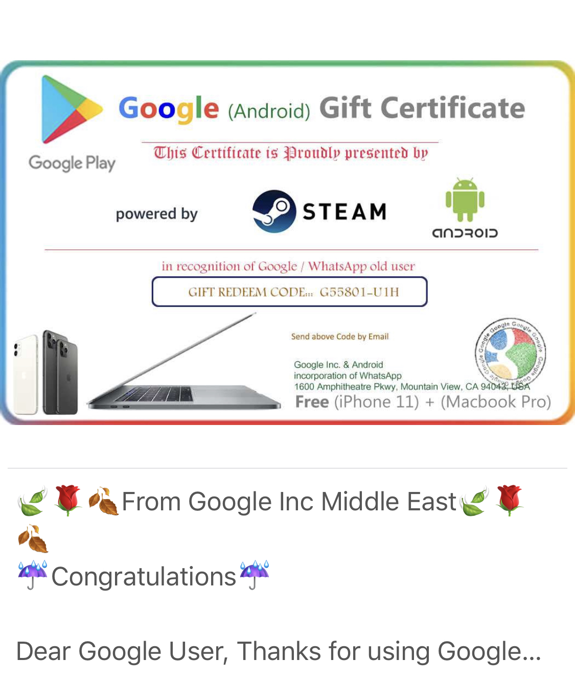 Receive A Message On My Phone Whatsapp From Google Play Stating That I Won Two Devices Iphone 11 And Google Account Community