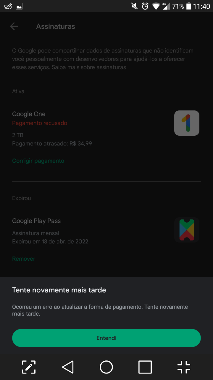 Fiz um pagamento pra minha assinatura mais não está constando. - Comunidade  Google Play