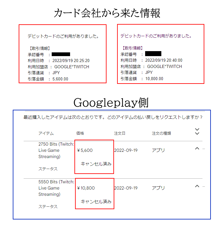 twitchでのアプリ内課金で購入エラーが起き、取引キャンセルになった