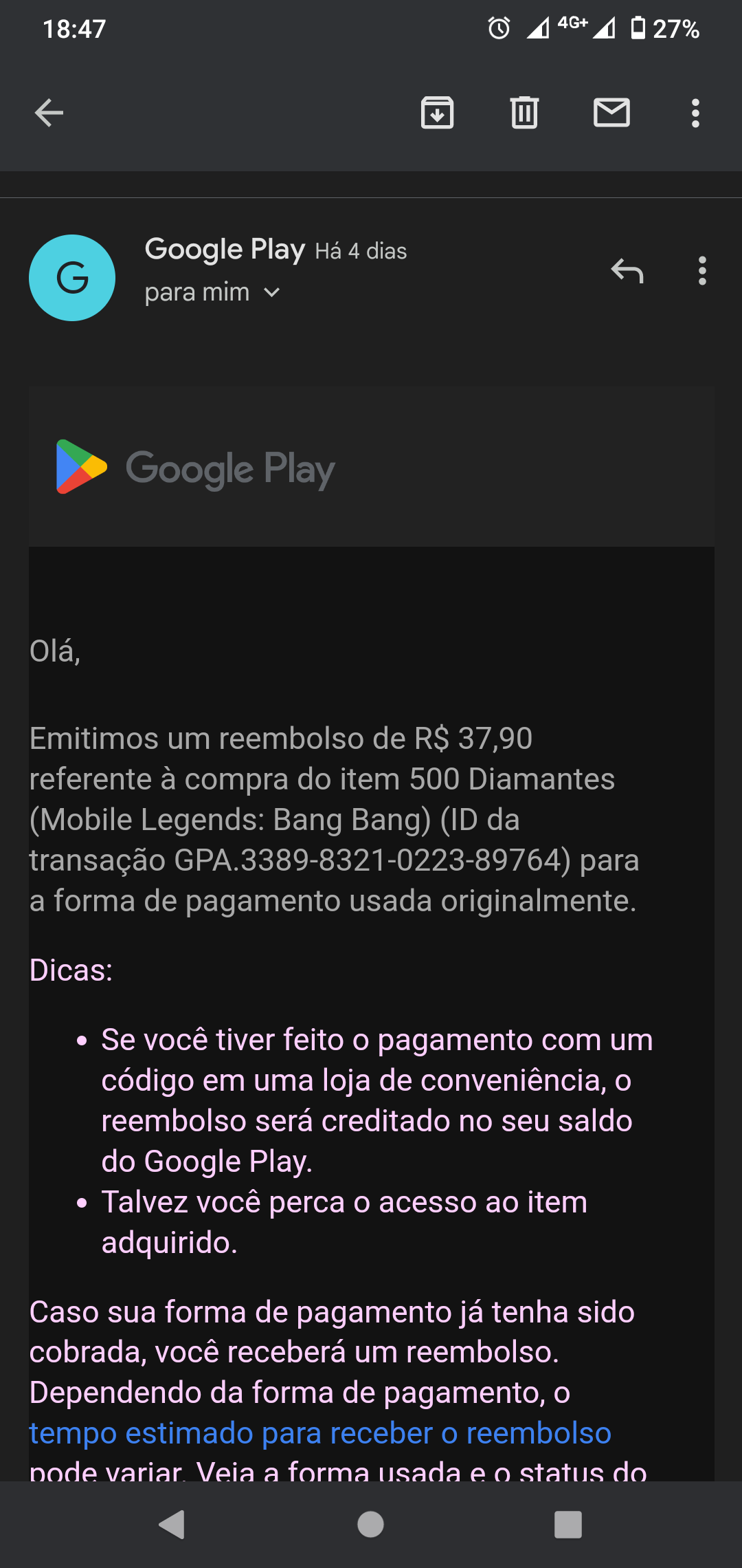 A compra foi feita há menos de 48 horas e não consigo o reembolso. O que  fazer? - Comunidade Google Play