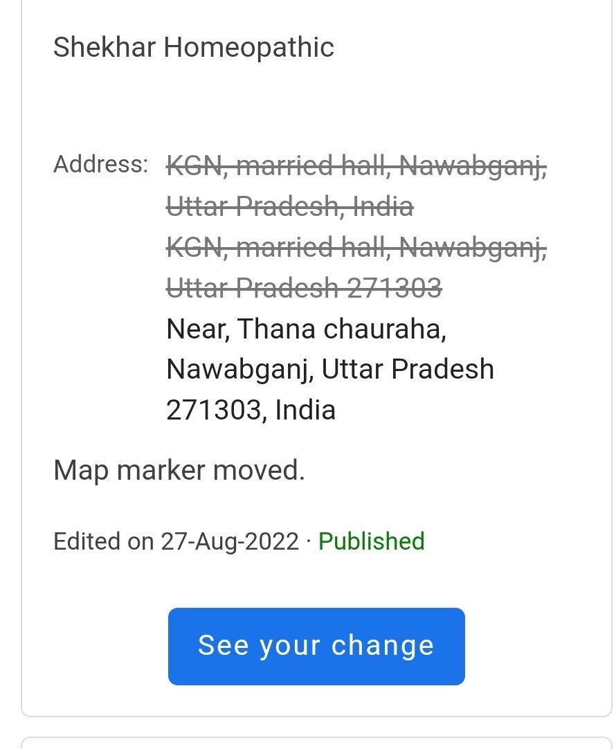 A edit has been published on 27 September but place is still showing old address hq image