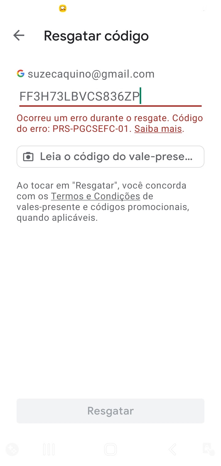 Erro ao resgatar o vale presente - Comunidade Google Play