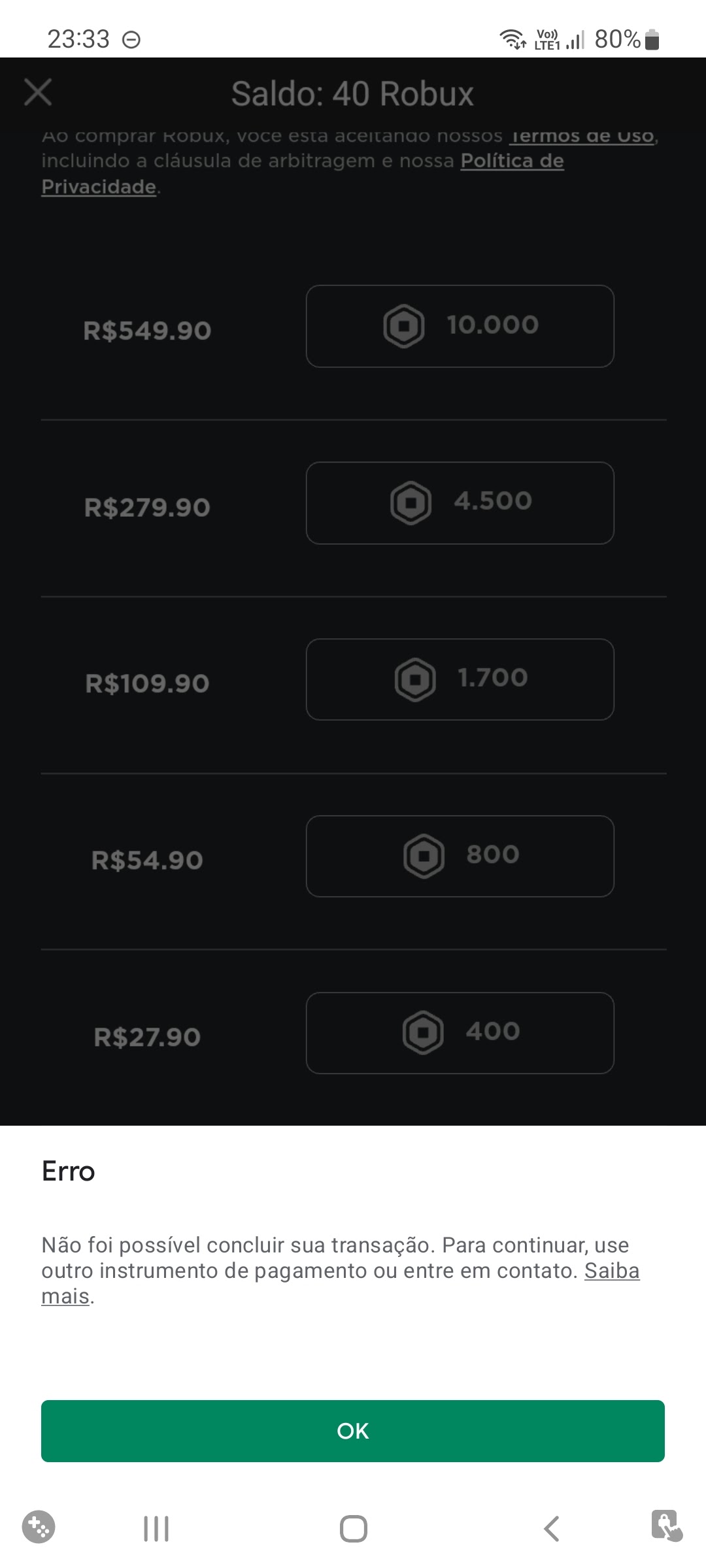 Erro na compra de robux - Comunidade Google Play