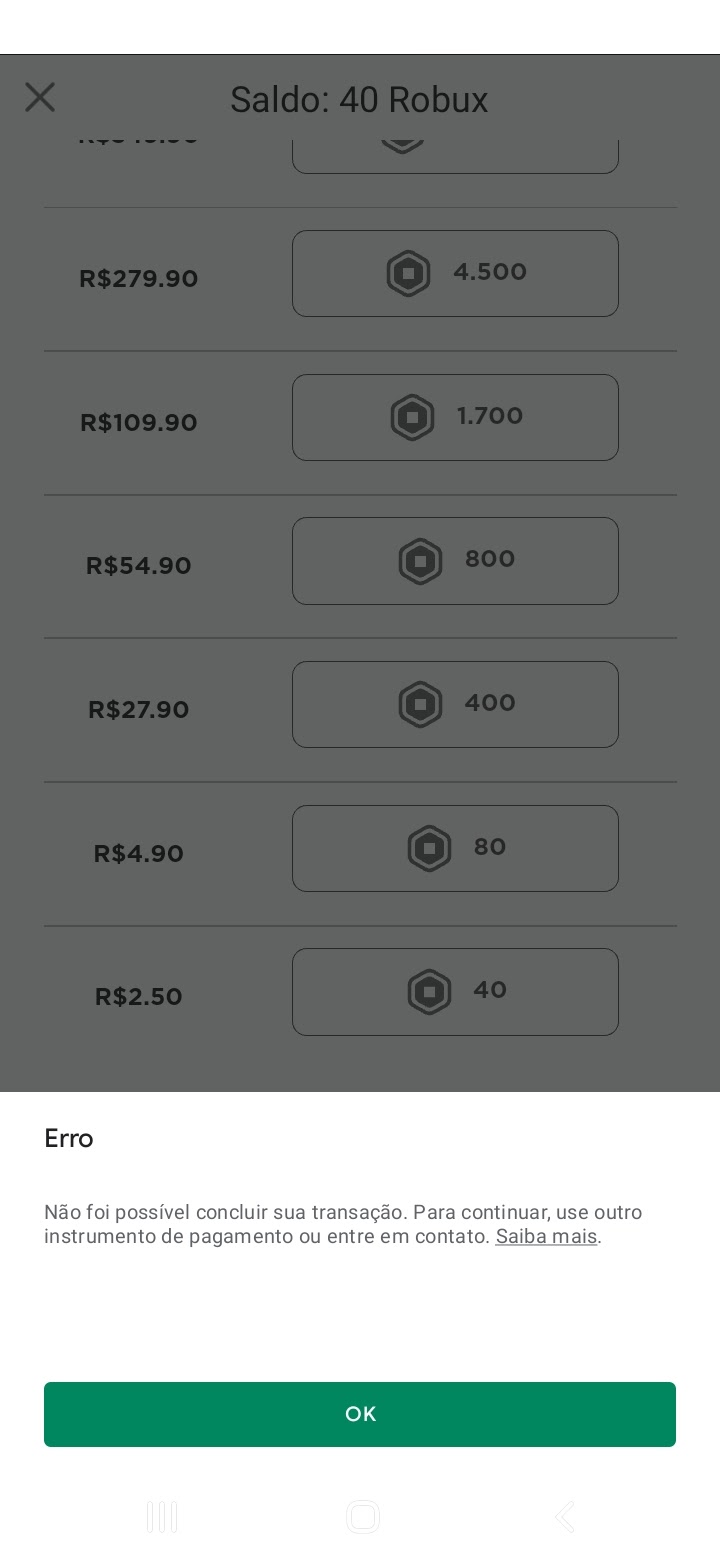ERRO DE TRANSAÇÃO DE ROBUX NO ROBLOX - Comunidade Google Play
