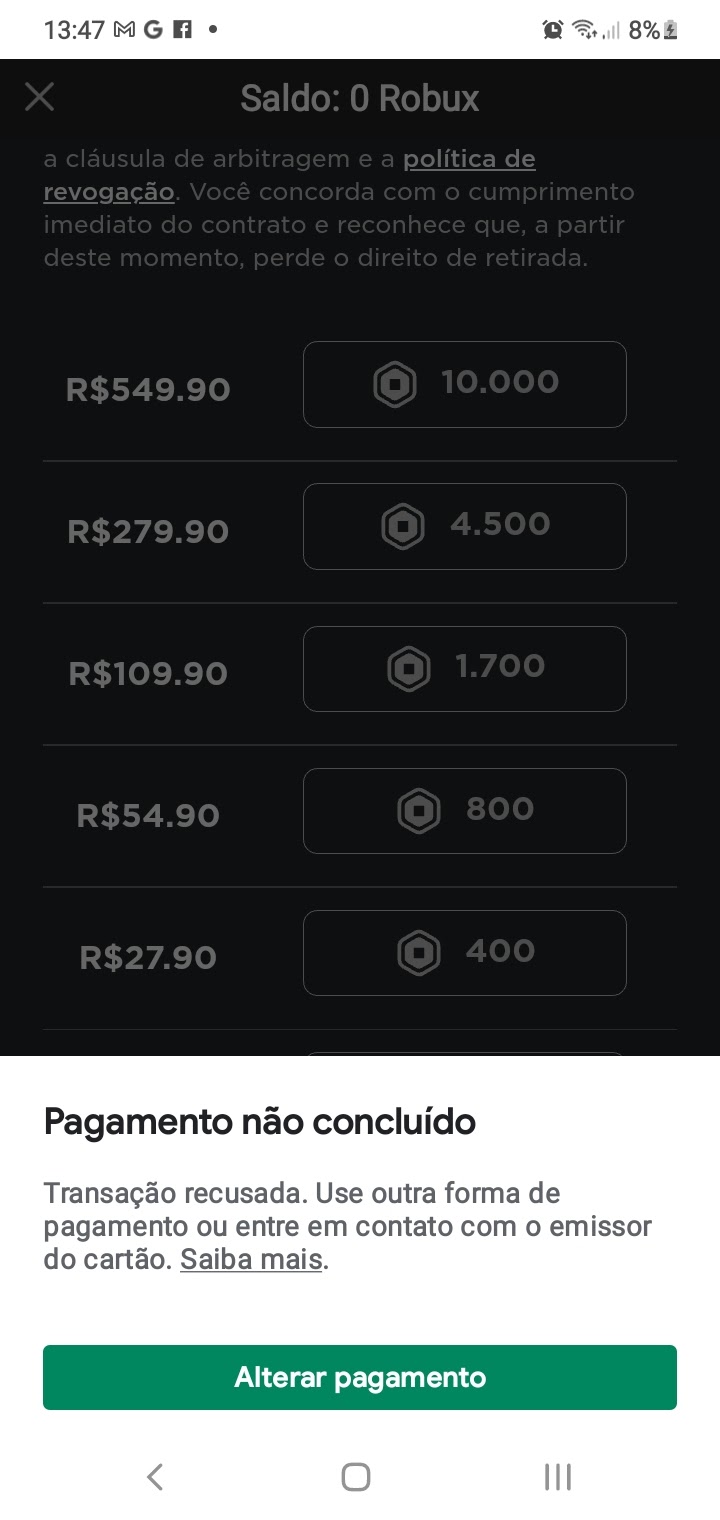 Tento comprar robux, e da erro. - Comunidade Google Play