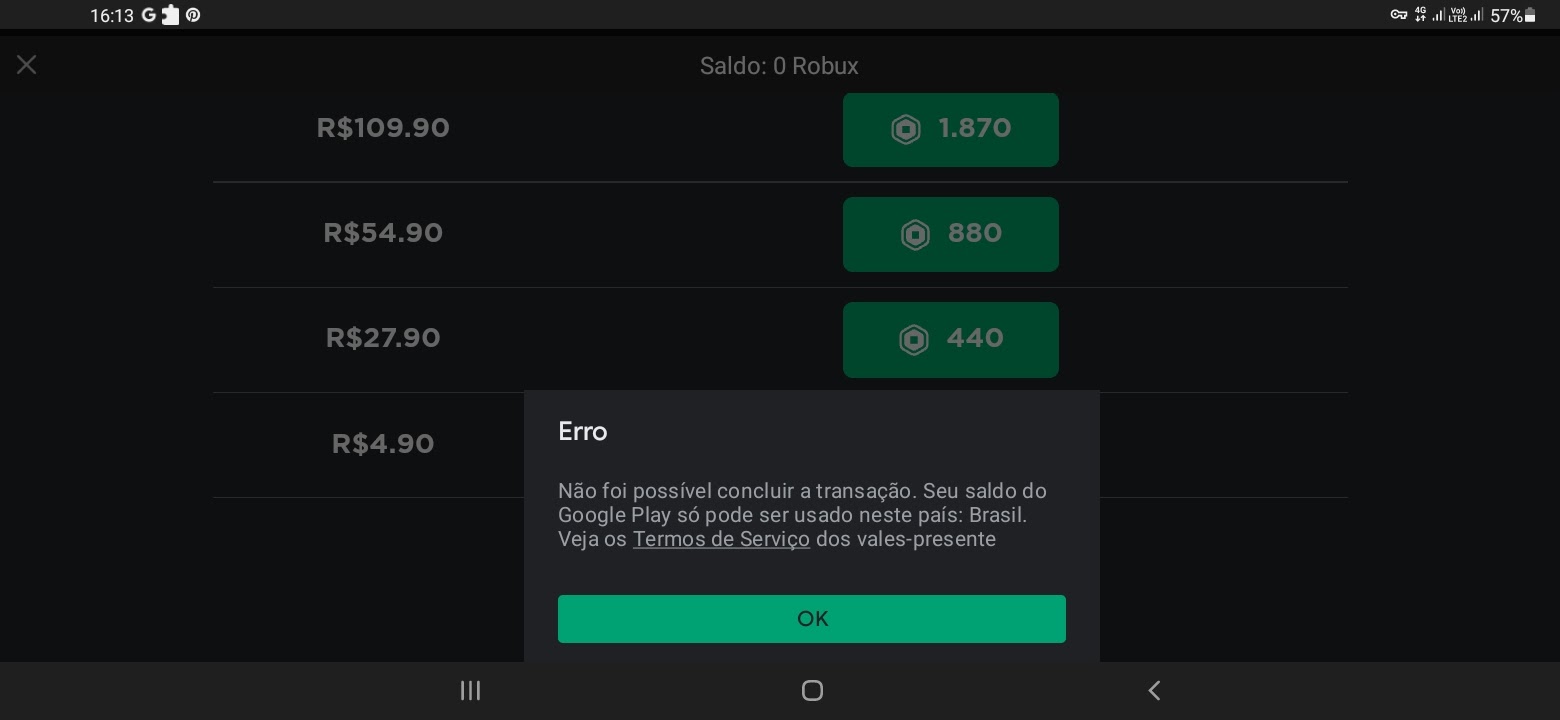 Erro na compra de robux no roblox - Comunidade Google Play