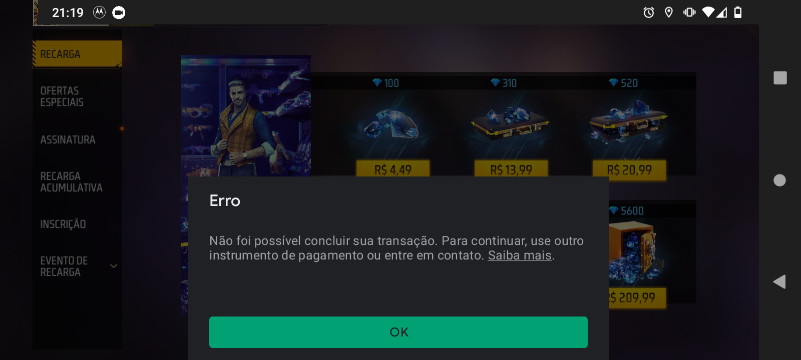 Erro na compra diamante no FF - Comunidade Google Play