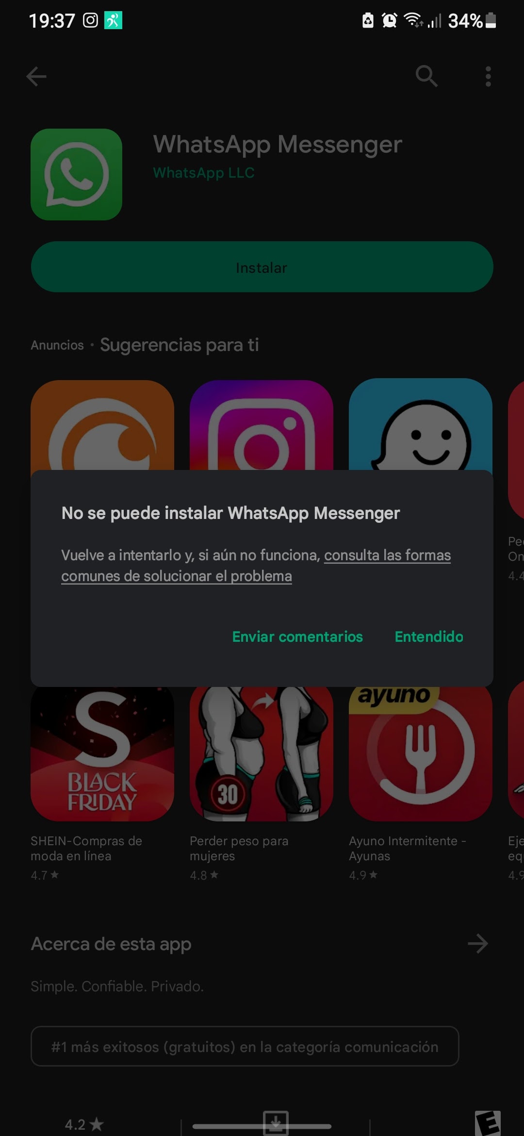 Play story no me deja descargar whatsapp ya hice todas las