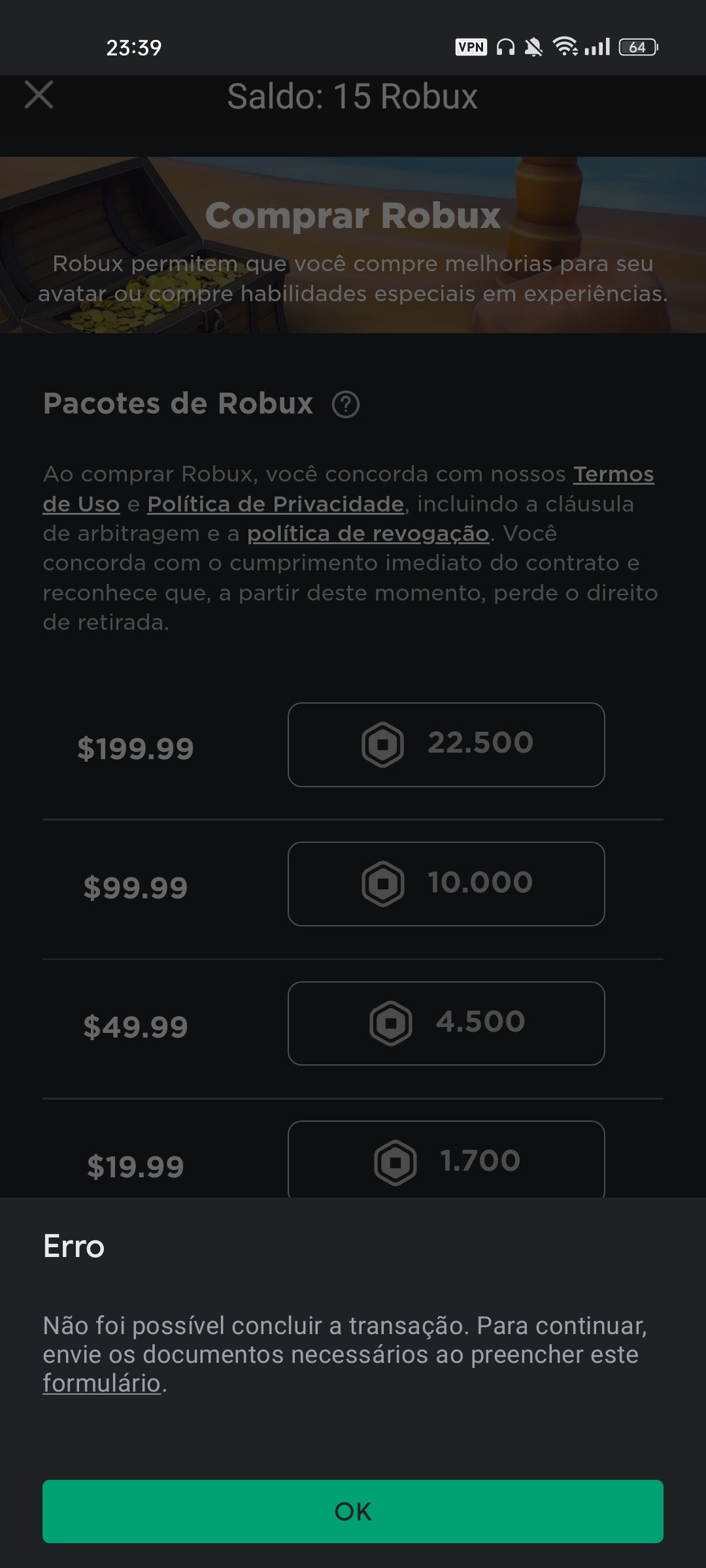 Erro na compra de robux no roblox - Comunidade Google Play