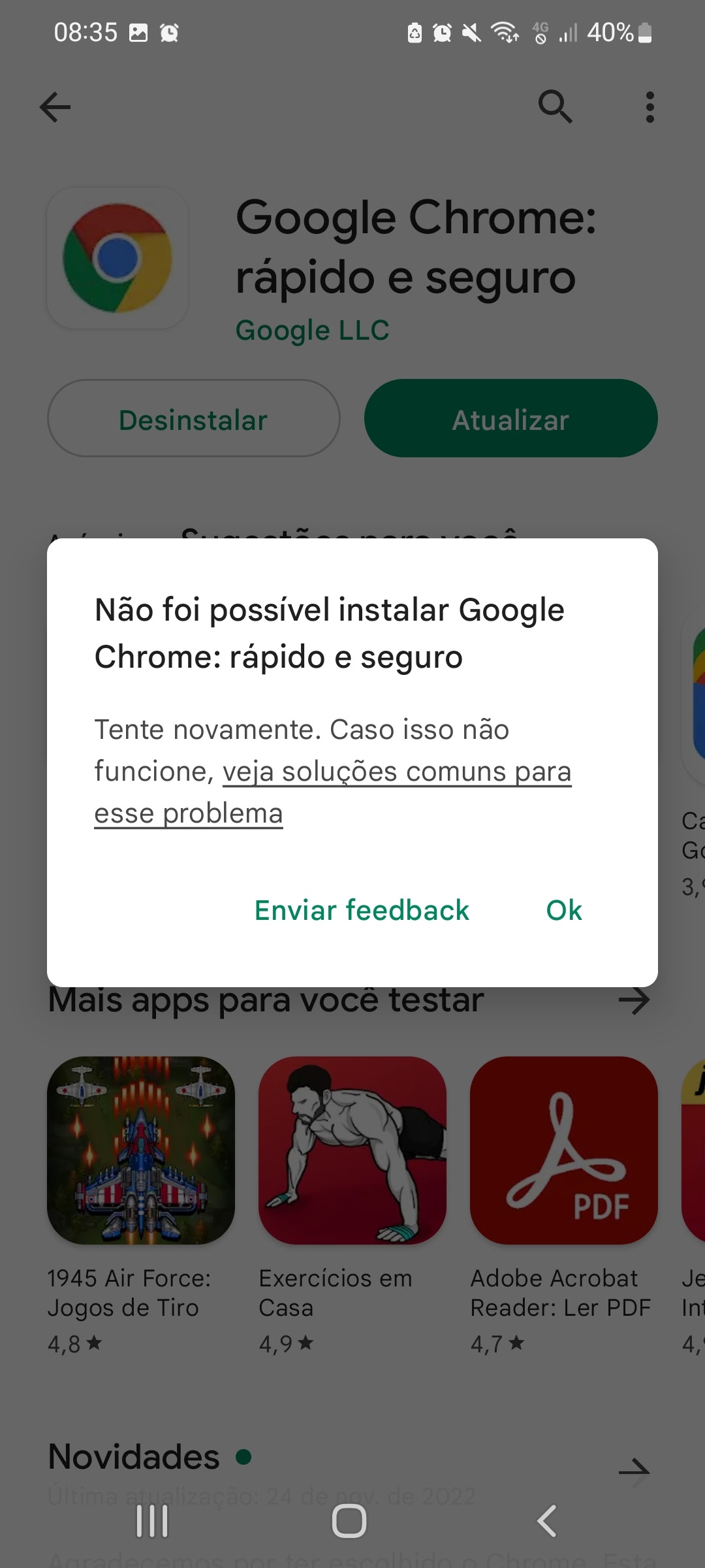 Não atualiza app Google Chrome: Rápido e seguro. Ja fiz de tudo e da erro.  - Comunidade Google Play