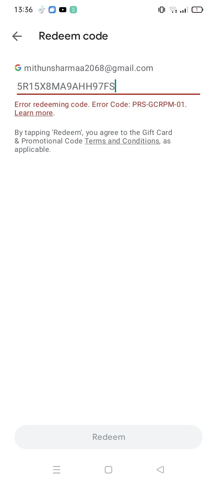 Error redeeming code. Error Code: PRS-GCRPM-01. - Google Play Community