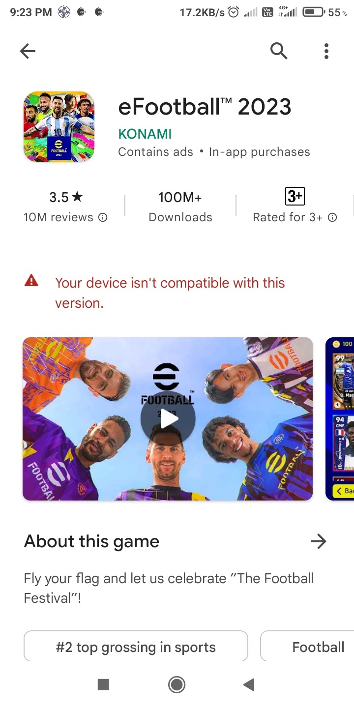 Me device isn't compatible with this version i've got. How to download  efootball pes 2023 mobile? - Google Play Community