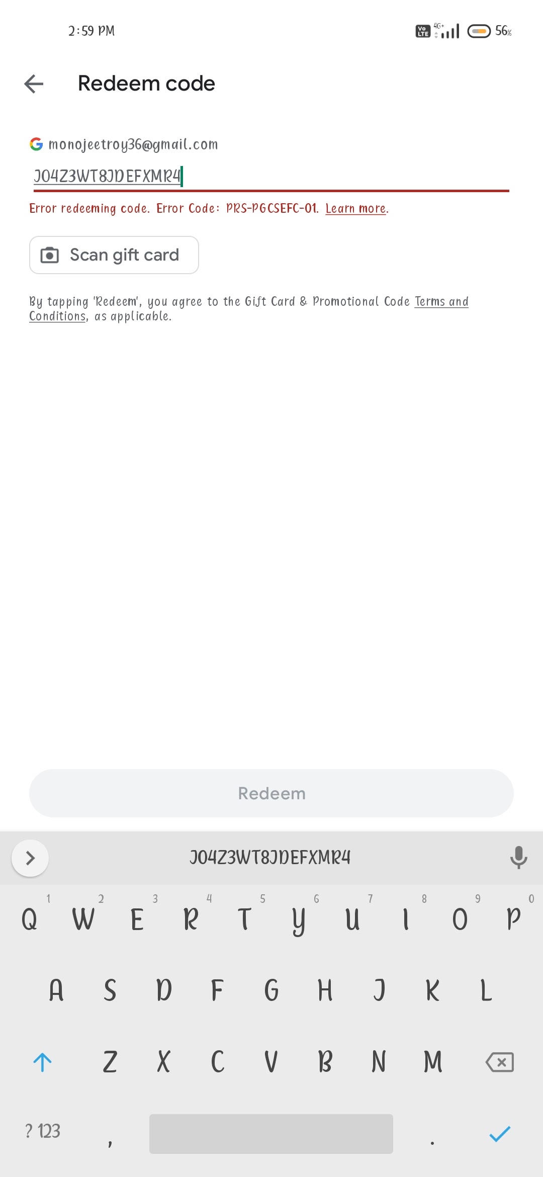 Error redeeming code. Error Code: PRS-GCRPM-01. - Google Play Community
