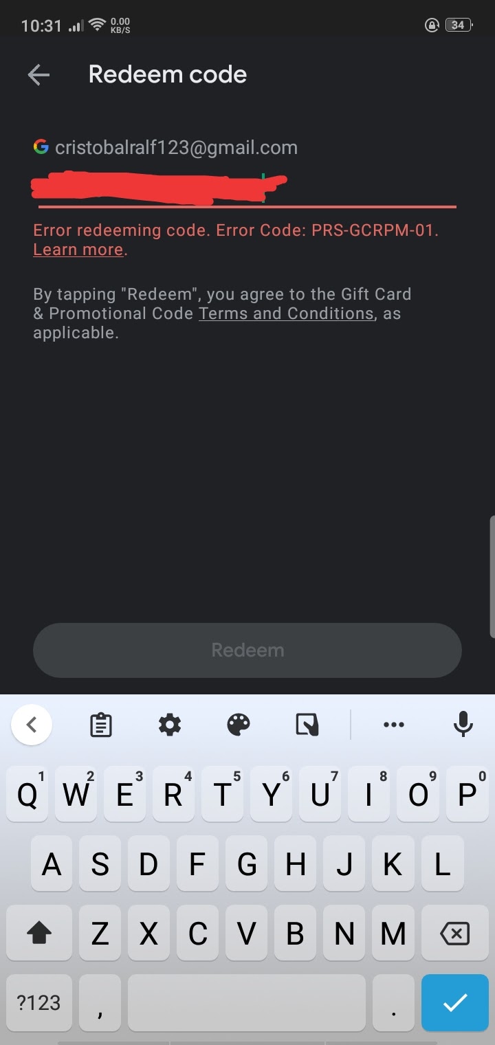 Error redeeming code. Error Code: PRS-GCRPM-01. - Google Play Community