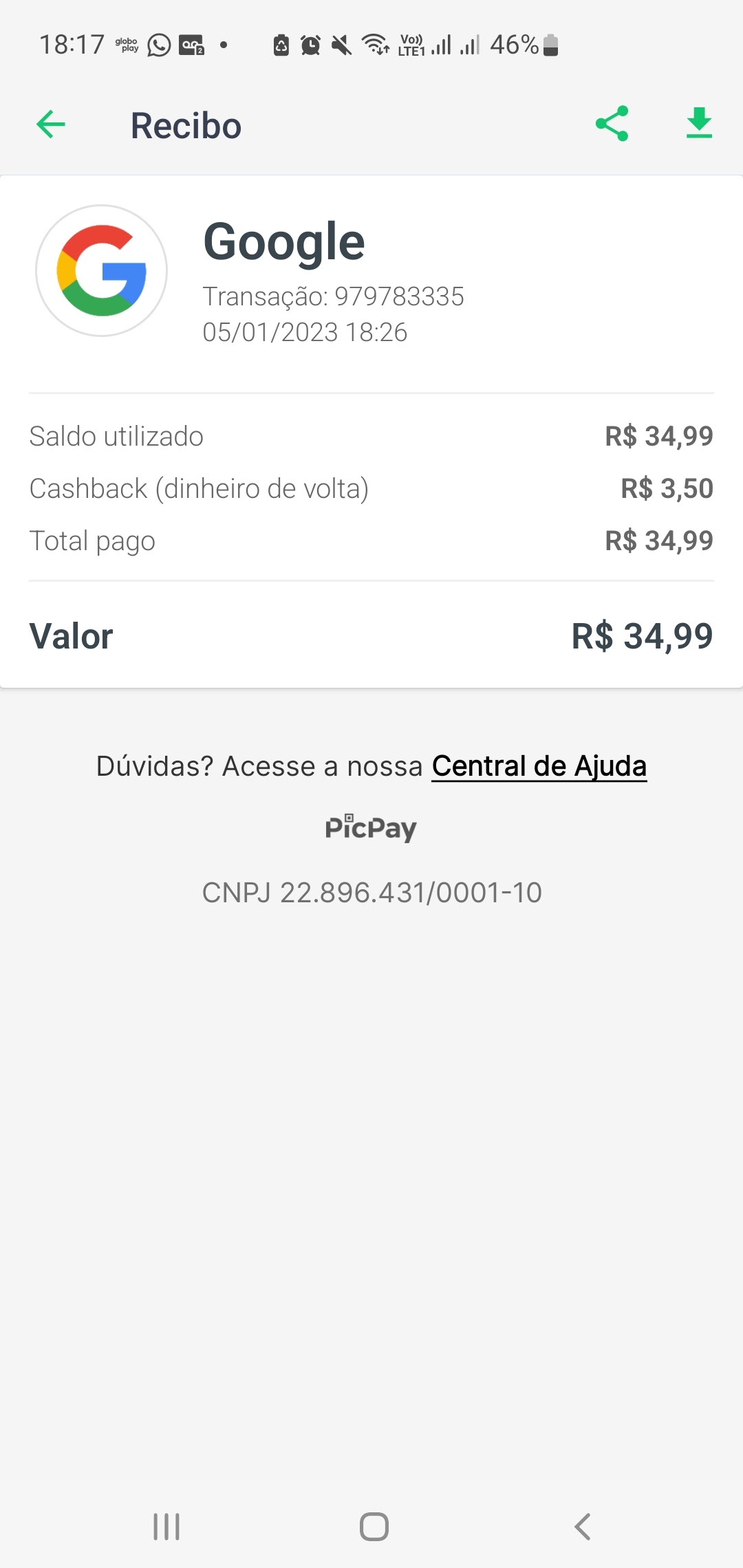 Não estou conseguindo realiza o pagamento do meu aplicativo globo play -  Comunidade Google Play