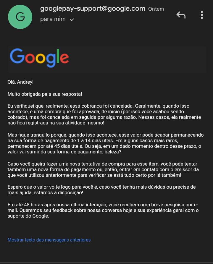 Fui cobrada por uma compra que foi recusada pelo Google