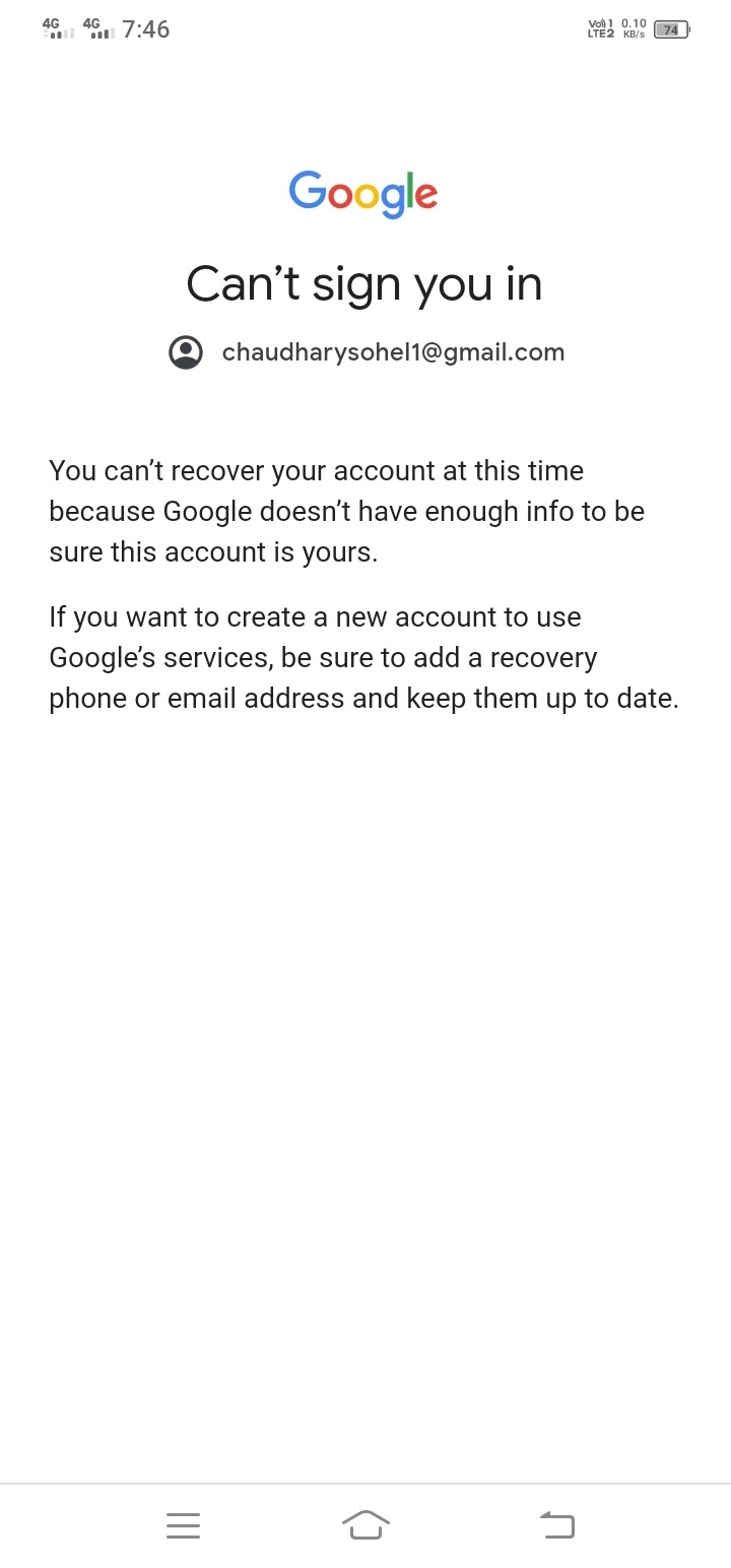 I can't log into my account it shows can't add account - Google