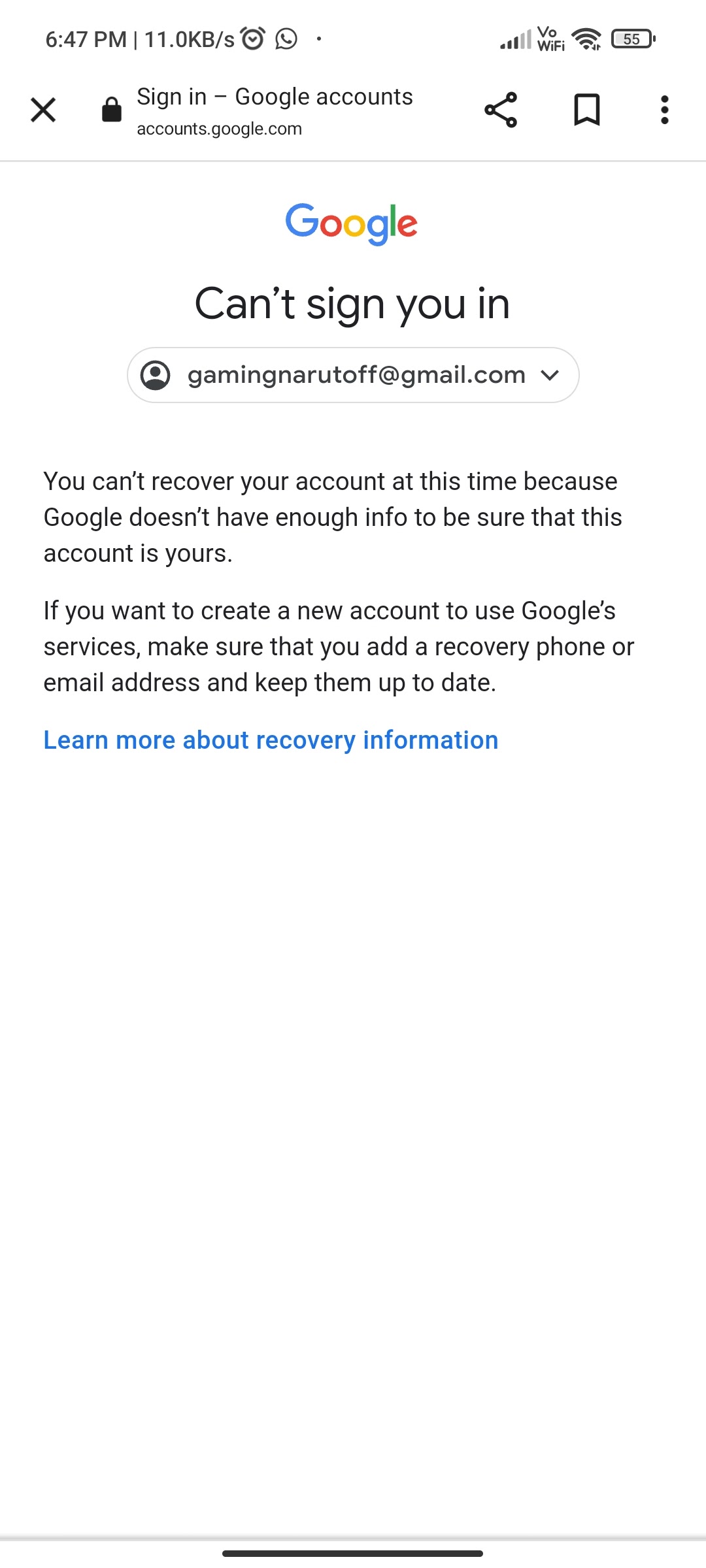 I can't log into my account it shows can't add account - Google