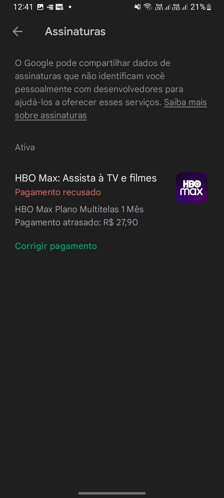 Descontou da minha conta e não consta na assinatura - Comunidade Google Play