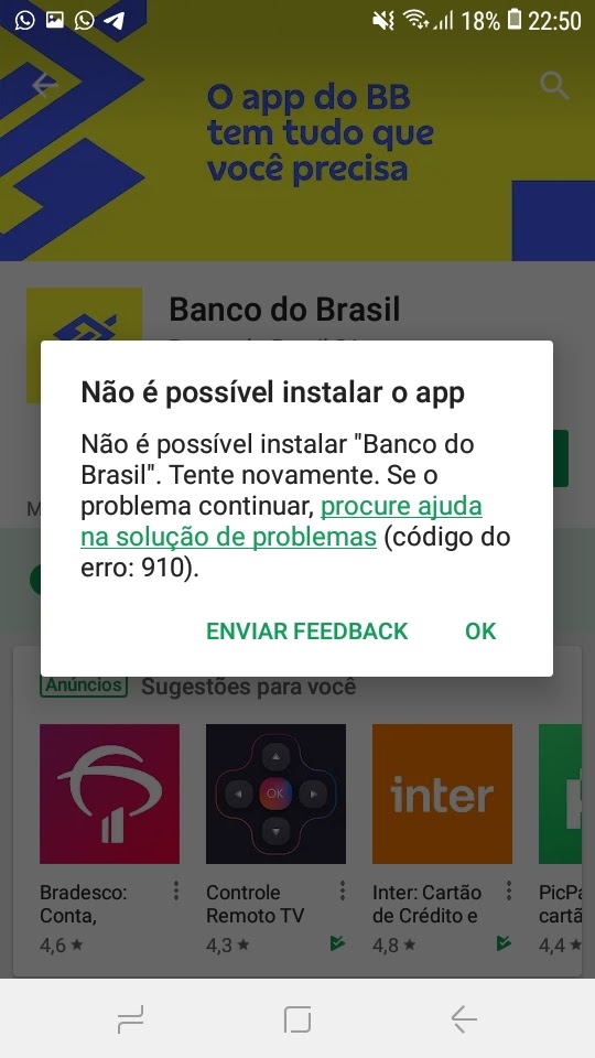 Não consigo atualizar o app do Banco do Brasil, sempre fica aparecendo  algo errado deu errado. - Comunidade Google Play