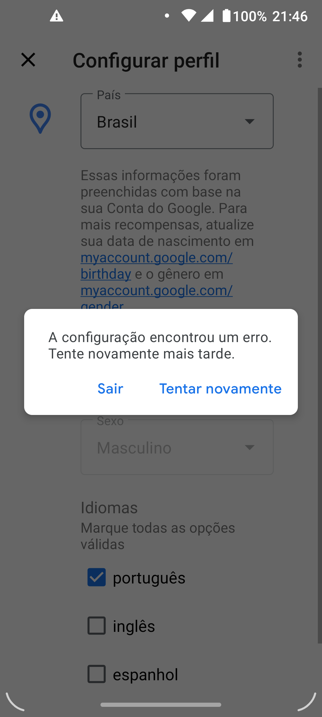 erro ao conectar a conta - Comunidade Google Play