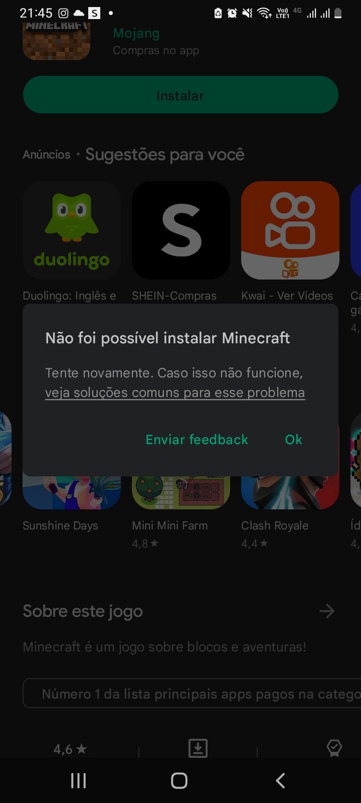 não consigo baixar o minecraft - Comunidade Google Play