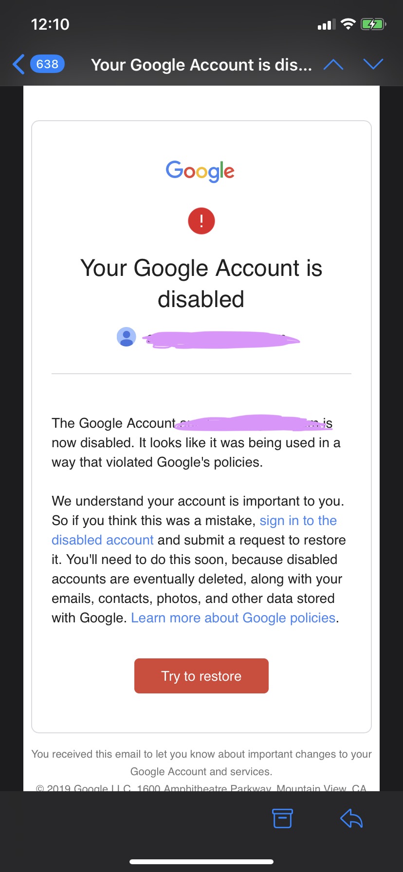 Tos due to violations google account deleted Due to