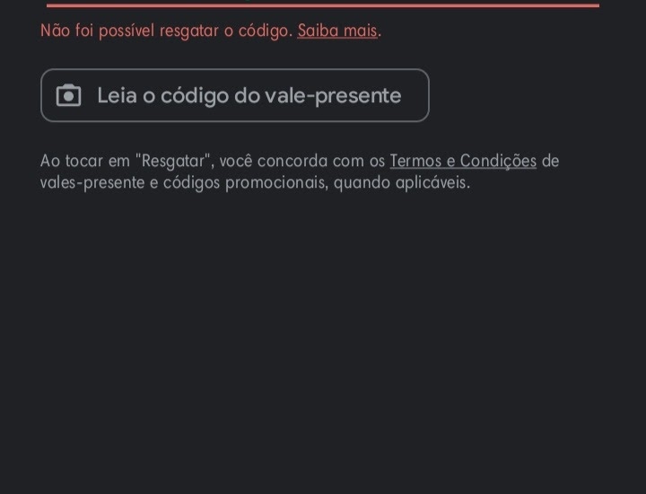 Não foi possível resgatar ó código. Ele só poder ser usado neste país:  Brasil. - Comunidade Google Play