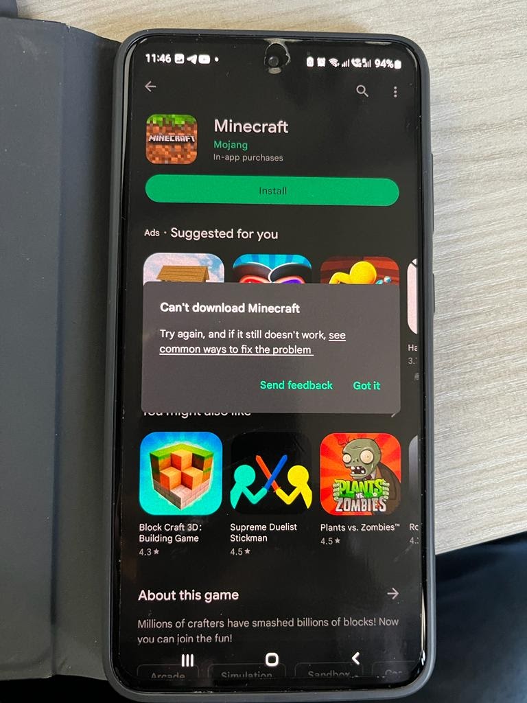 I want to install minecraft but i get a error - Google Play Community