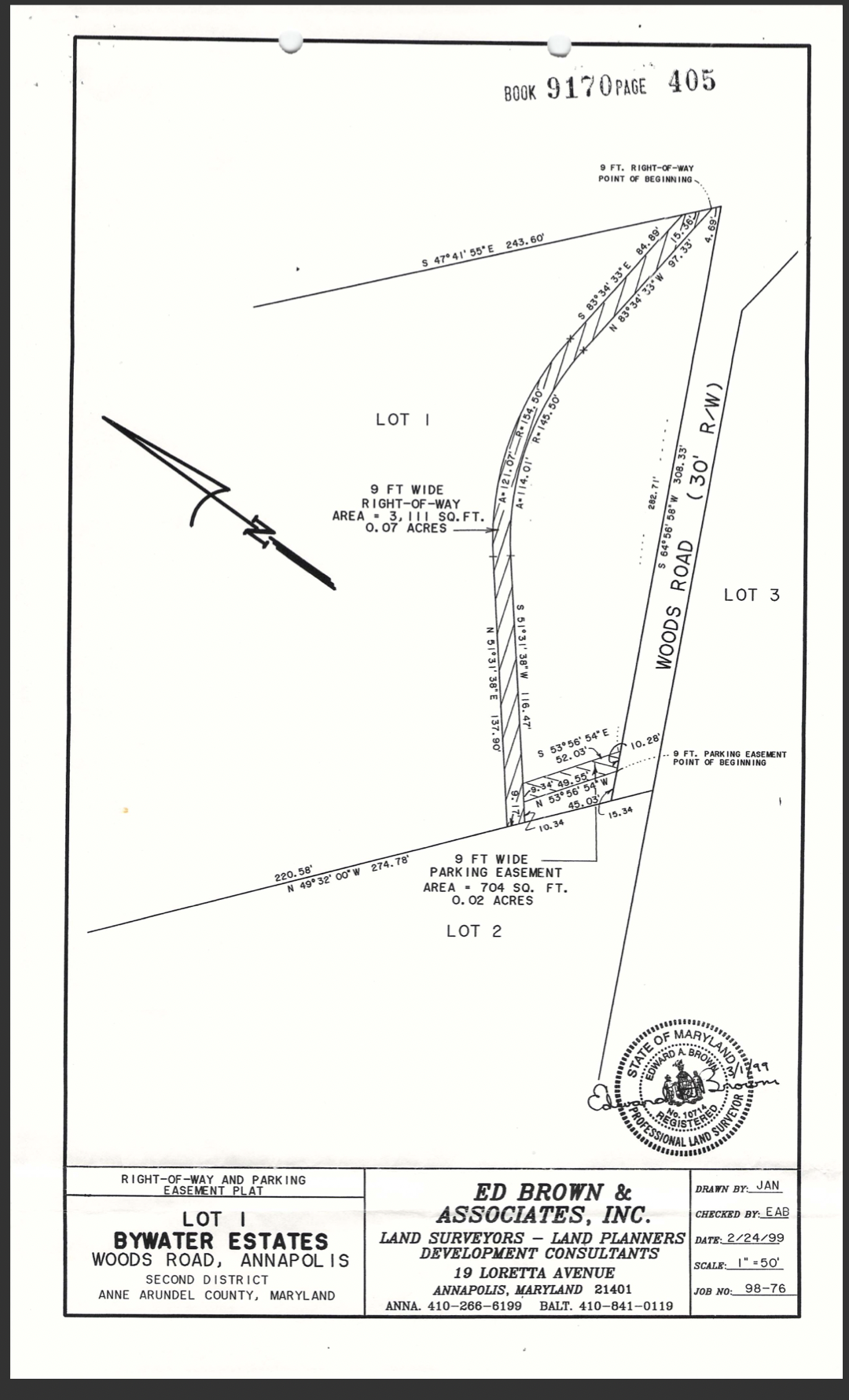 Recorded right-of-way and parking easement plan showing an access corridor and lot boundary